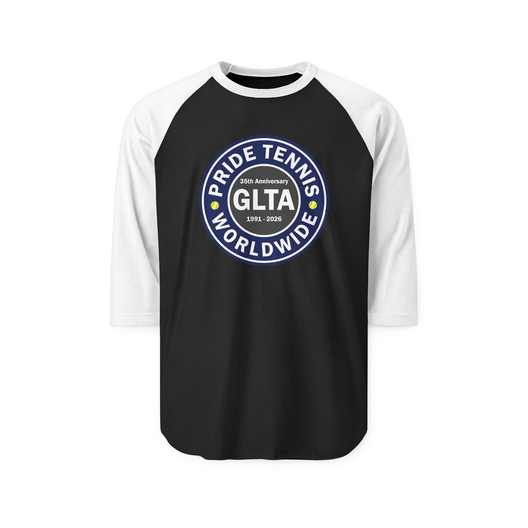 Pride Tennis Worldwide Raglan Shirt — GLTA 25th Anniversary Baseball Tee