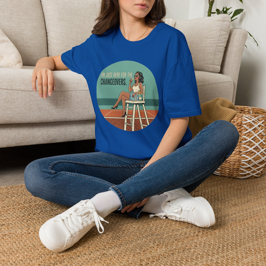 T-Shirt — "I'm Just Here for the Changeovers" Retro Tennis Graphic