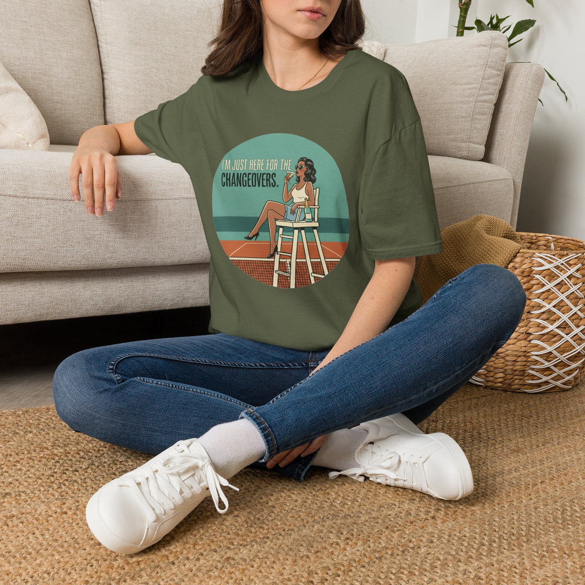 T-Shirt — "I'm Just Here for the Changeovers" Retro Tennis Graphic