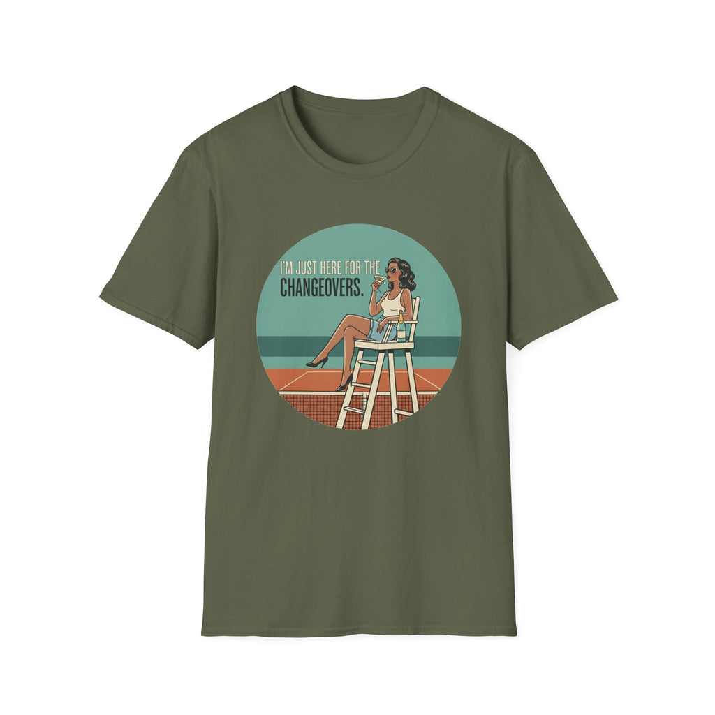 T-Shirt — "I'm Just Here for the Changeovers" Retro Tennis Graphic