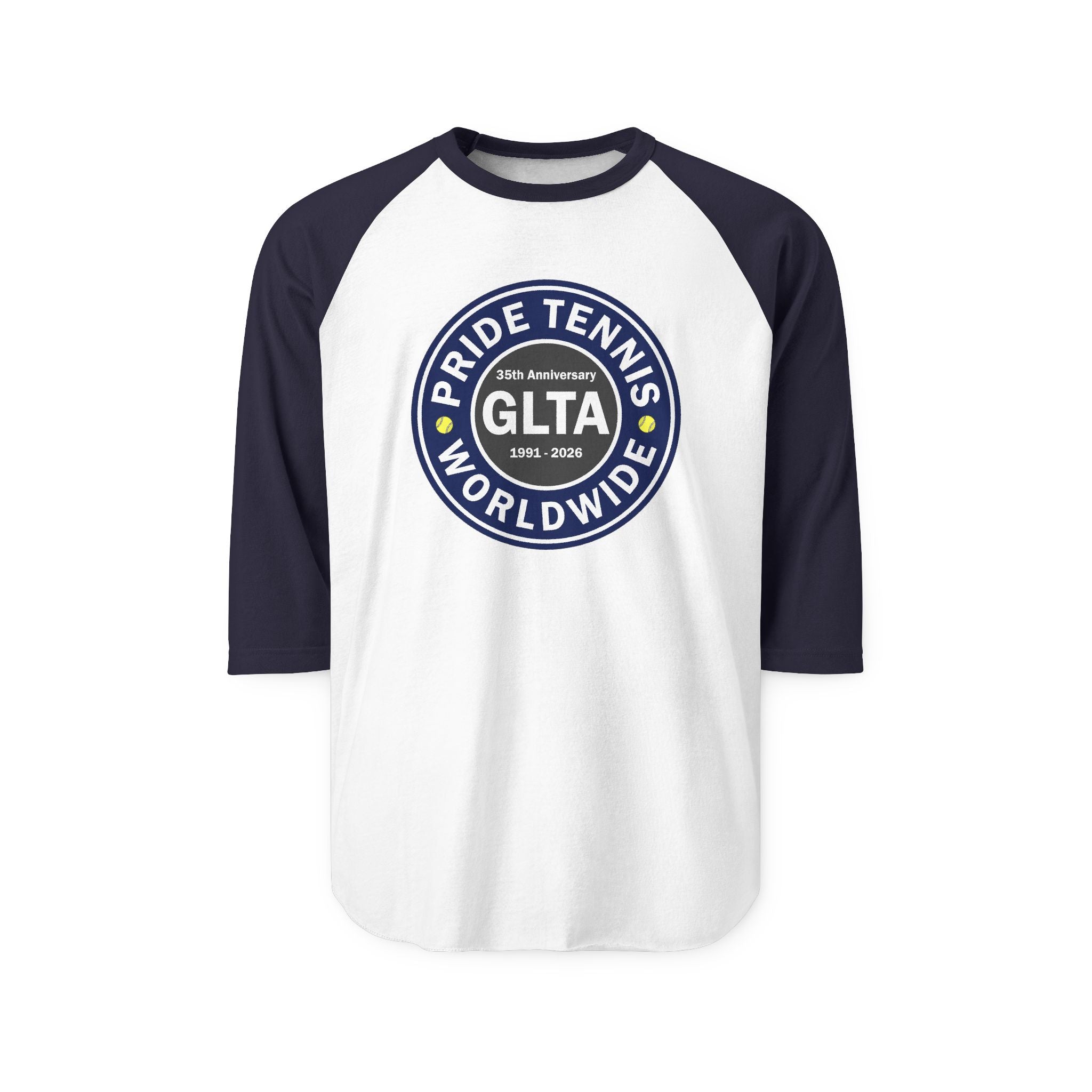 Pride Tennis Worldwide Raglan Shirt — GLTA 25th Anniversary Baseball Tee