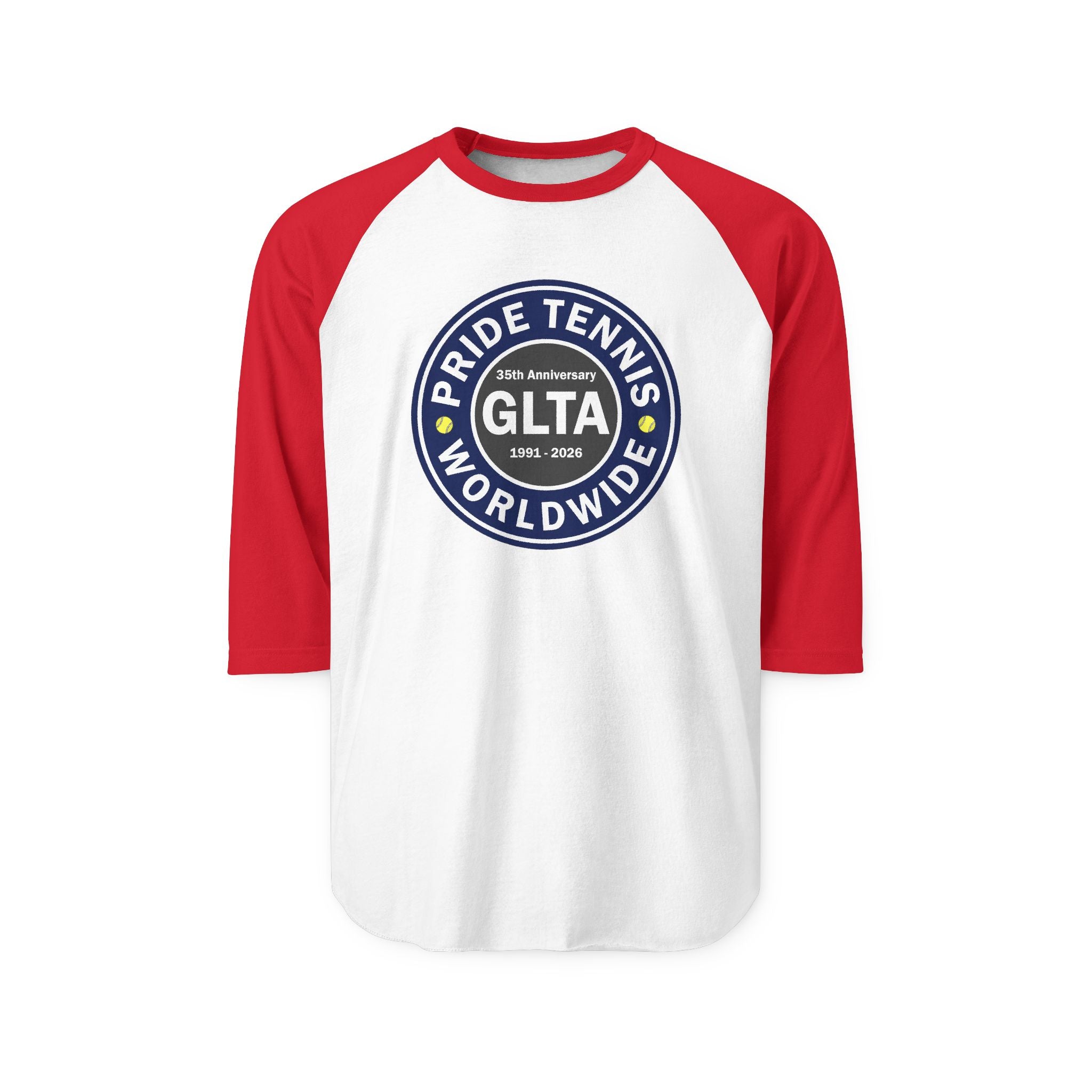 Pride Tennis Worldwide Raglan Shirt — GLTA 25th Anniversary Baseball Tee