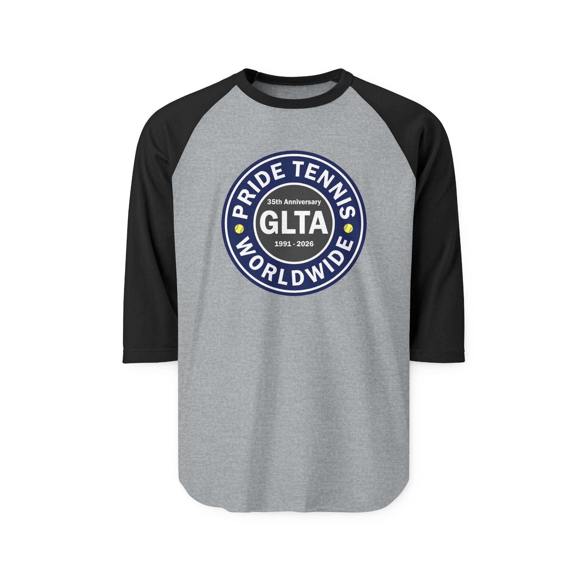 Pride Tennis Worldwide Raglan Shirt — GLTA 25th Anniversary Baseball Tee